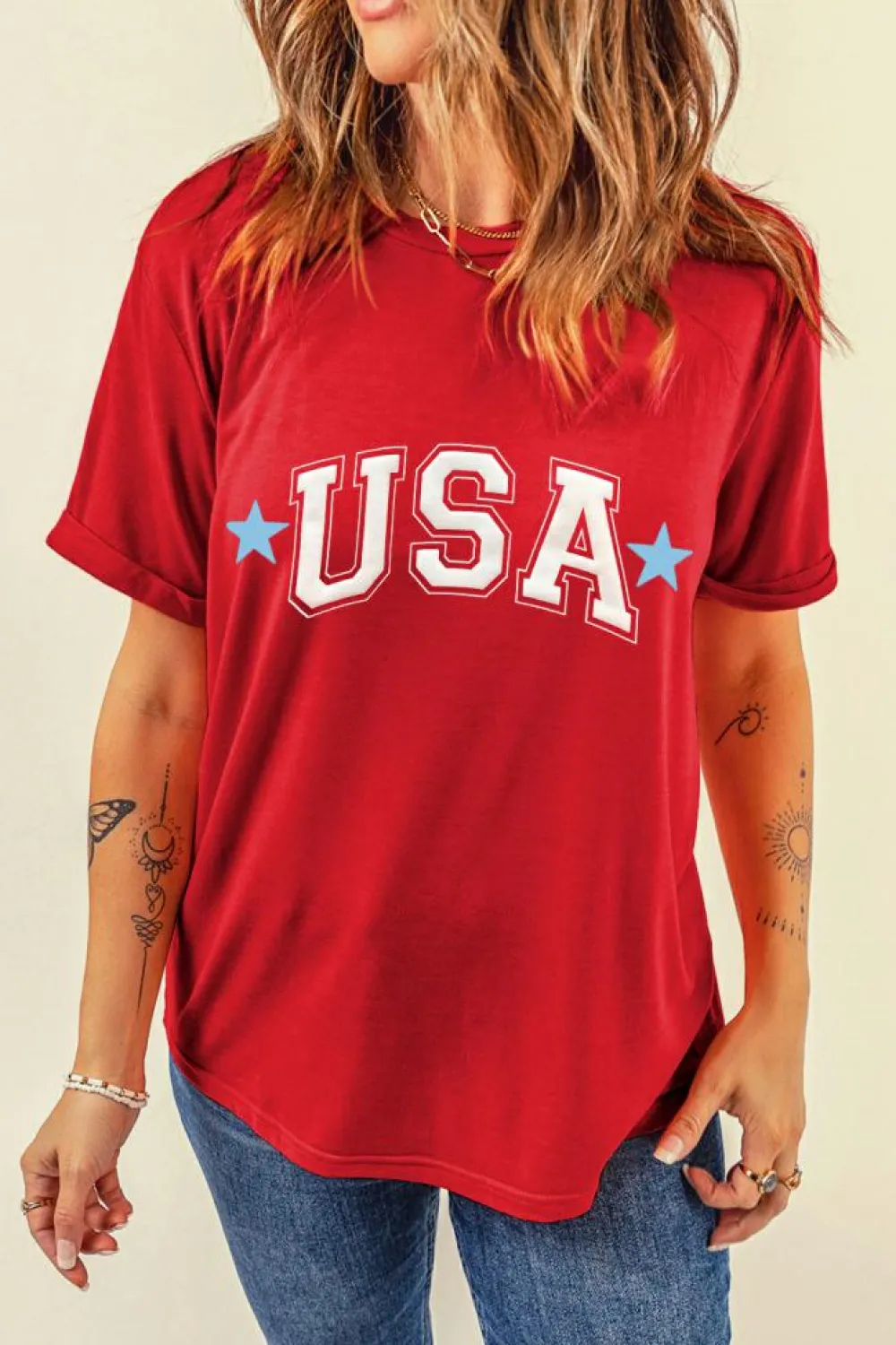 Sale Dear-Lover Red Star USA Print Crewneck Patriotic T Shirt Red-2
