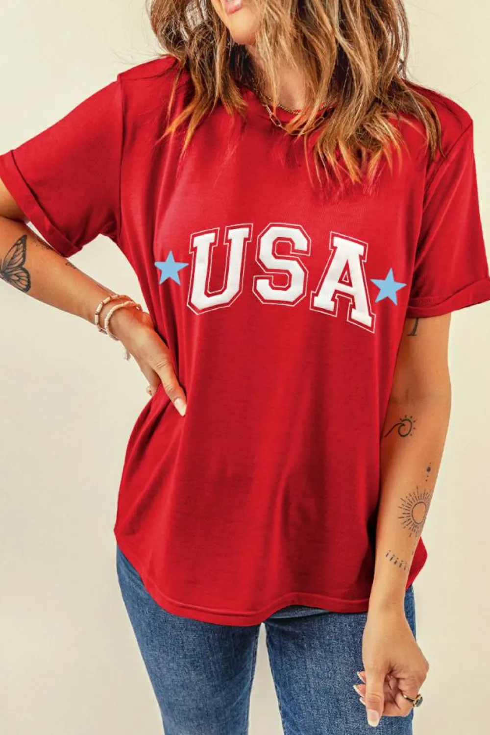 Sale Dear-Lover Red Star USA Print Crewneck Patriotic T Shirt Red-2