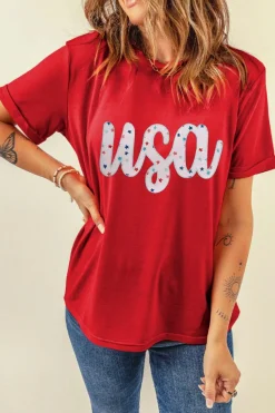 Online Dear-Lover Red Starry usa Graphic Crewneck T Shirt Red-2
