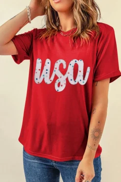 Online Dear-Lover Red Starry usa Graphic Crewneck T Shirt Red-2