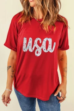 Online Dear-Lover Red Starry usa Graphic Crewneck T Shirt Red-2