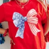 Clearance Dear-Lover Red Stars and Stripes Bow Print Independence Day T Shirt Red-2