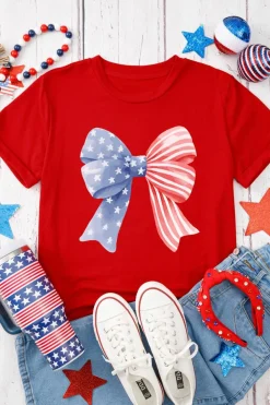 Clearance Dear-Lover Red Stars and Stripes Bow Print Independence Day T Shirt Red-2