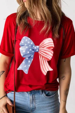 Clearance Dear-Lover Red Stars and Stripes Bow Print Independence Day T Shirt Red-2