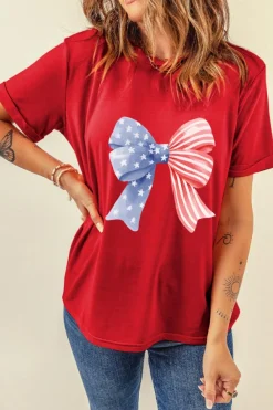 Clearance Dear-Lover Red Stars and Stripes Bow Print Independence Day T Shirt Red-2