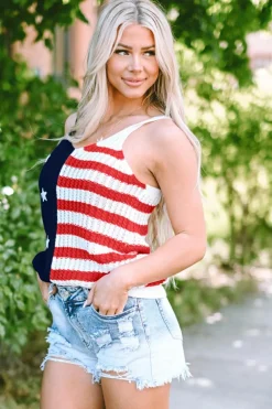 Outlet Dear-Lover Stars and Stripes Flag Pattern Knitted Tank Red