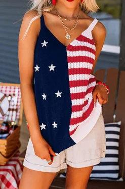 Outlet Dear-Lover Stars and Stripes Flag Pattern Knitted Tank Red