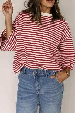 Fashion Dear-Lover Bowknot Cutout Back Drop Shoulder Wide Bracelet Sleeve Loose Tee Red Stripe