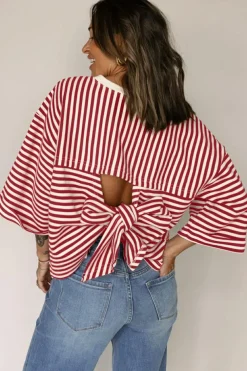 Fashion Dear-Lover Bowknot Cutout Back Drop Shoulder Wide Bracelet Sleeve Loose Tee Red Stripe