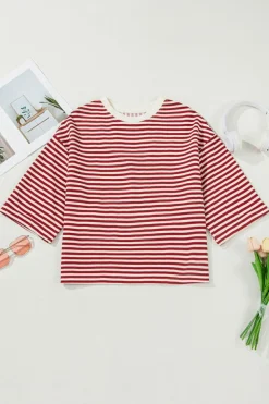 Fashion Dear-Lover Bowknot Cutout Back Drop Shoulder Wide Bracelet Sleeve Loose Tee Red Stripe