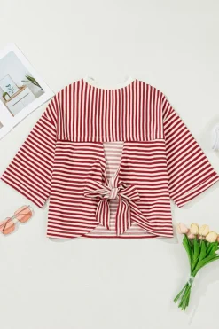 Fashion Dear-Lover Bowknot Cutout Back Drop Shoulder Wide Bracelet Sleeve Loose Tee Red Stripe