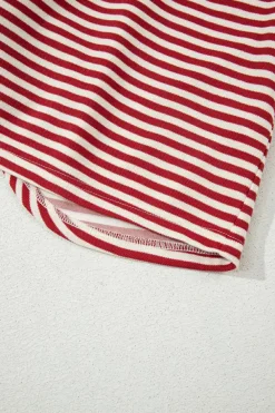 Fashion Dear-Lover Bowknot Cutout Back Drop Shoulder Wide Bracelet Sleeve Loose Tee Red Stripe