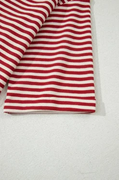 Fashion Dear-Lover Bowknot Cutout Back Drop Shoulder Wide Bracelet Sleeve Loose Tee Red Stripe