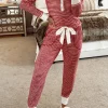 Discount Dear-Lover Buttoned V Neck Top and Knotted Waist Pants Lounge Set Red Stripe