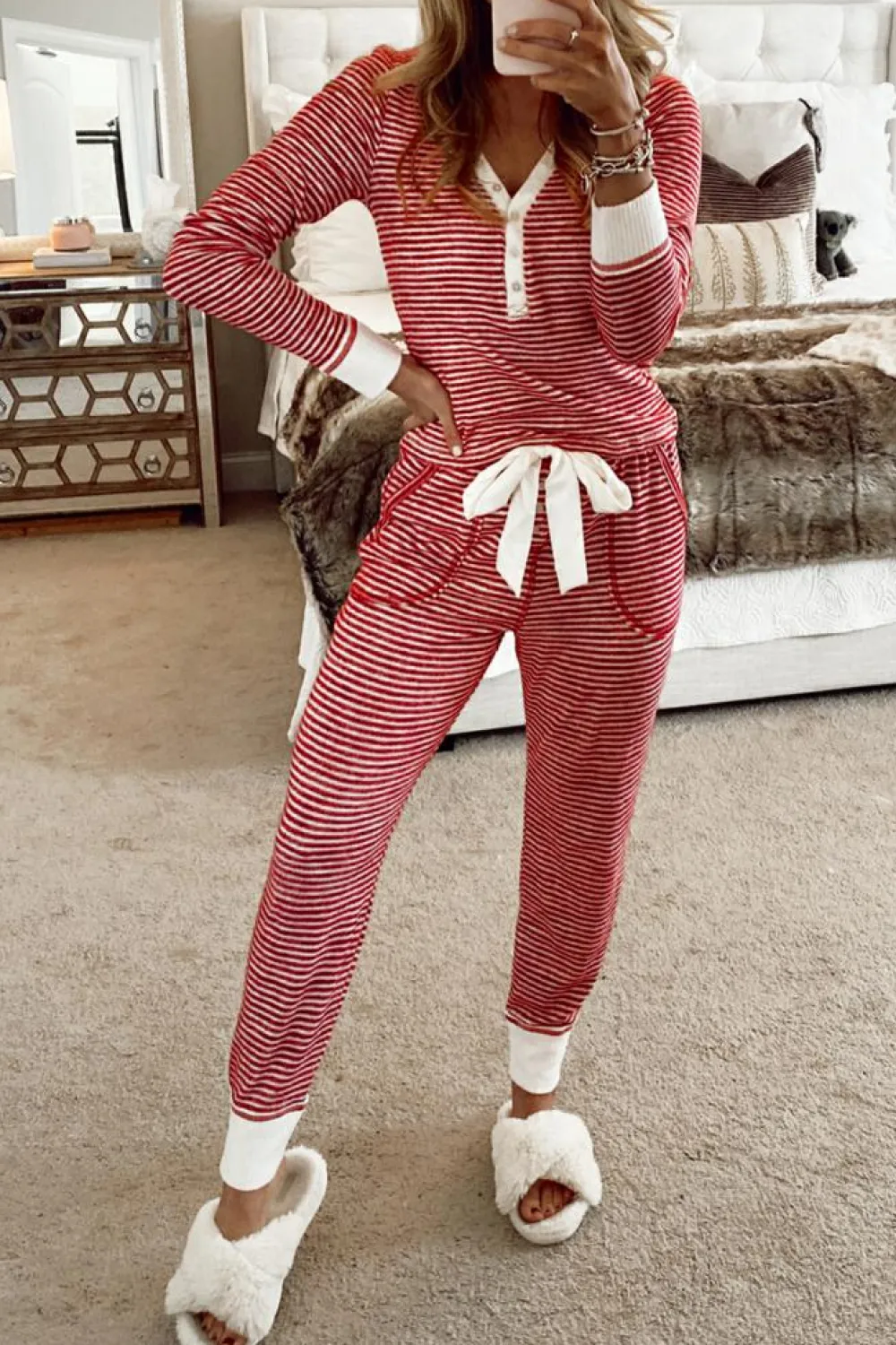 Discount Dear-Lover Buttoned V Neck Top and Knotted Waist Pants Lounge Set Red Stripe