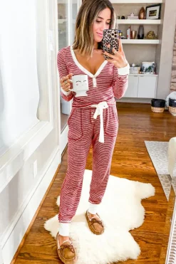 Discount Dear-Lover Buttoned V Neck Top and Knotted Waist Pants Lounge Set Red Stripe