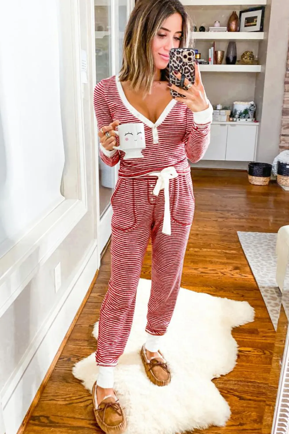 Discount Dear-Lover Buttoned V Neck Top and Knotted Waist Pants Lounge Set Red Stripe
