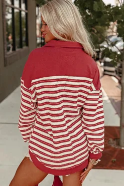 Clearance Dear-Lover Buttoned V Neck Collared Drop Shoulder Top Red Stripe