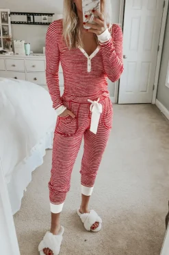 Discount Dear-Lover Buttoned V Neck Top and Knotted Waist Pants Lounge Set Red Stripe