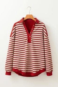 Clearance Dear-Lover Buttoned V Neck Collared Drop Shoulder Top Red Stripe