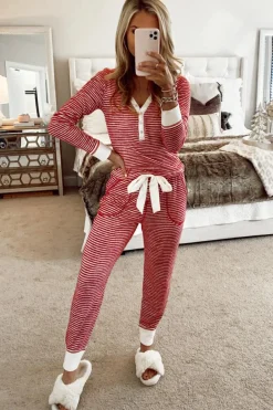Discount Dear-Lover Buttoned V Neck Top and Knotted Waist Pants Lounge Set Red Stripe