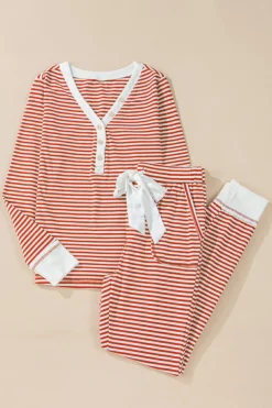 Discount Dear-Lover Buttoned V Neck Top and Knotted Waist Pants Lounge Set Red Stripe