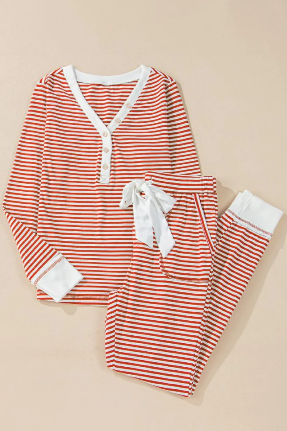 Discount Dear-Lover Buttoned V Neck Top and Knotted Waist Pants Lounge Set Red Stripe