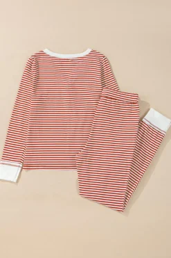 Discount Dear-Lover Buttoned V Neck Top and Knotted Waist Pants Lounge Set Red Stripe