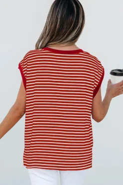 Clearance Dear-Lover Chest Pocket Patch Round Neck Tank Top Red Stripe