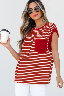 Clearance Dear-Lover Chest Pocket Patch Round Neck Tank Top Red Stripe