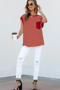 Clearance Dear-Lover Chest Pocket Patch Round Neck Tank Top Red Stripe