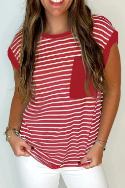 Clearance Dear-Lover Chest Pocket Patch Round Neck Tank Top Red Stripe