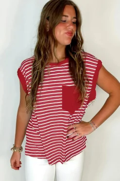 Clearance Dear-Lover Chest Pocket Patch Round Neck Tank Top Red Stripe