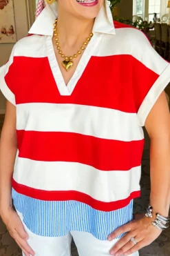 Clearance Dear-Lover Collar V Neck Cuffed Dolman Short Sleeve Top Red Stripe