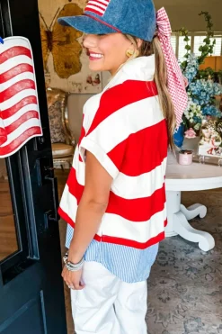 Clearance Dear-Lover Collar V Neck Cuffed Dolman Short Sleeve Top Red Stripe
