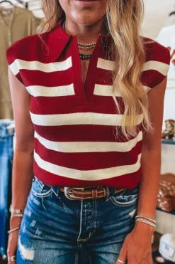 Discount Dear-Lover Collared Split Neck Sweater Vest Red Stripe