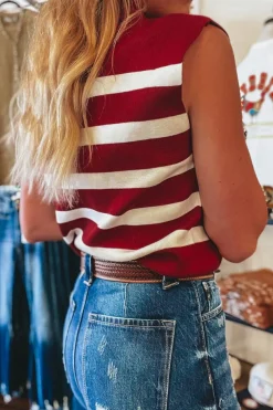 Discount Dear-Lover Collared Split Neck Sweater Vest Red Stripe