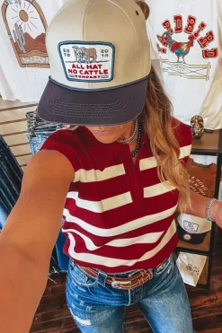 Discount Dear-Lover Collared Split Neck Sweater Vest Red Stripe