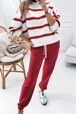 Fashion Dear-Lover Drop Shoulder Pullover and Jogger Pants Set Red Stripe