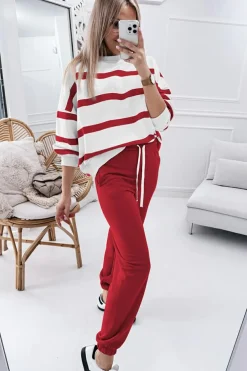 Fashion Dear-Lover Drop Shoulder Pullover and Jogger Pants Set Red Stripe