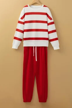 Fashion Dear-Lover Drop Shoulder Pullover and Jogger Pants Set Red Stripe