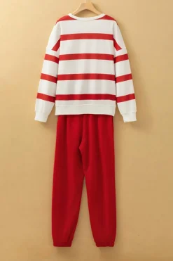 Fashion Dear-Lover Drop Shoulder Pullover and Jogger Pants Set Red Stripe