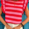 Fashion Dear-Lover Flutter Sleeve Round Neck T Shirt Red Stripe