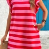 Discount Dear-Lover Flutter Sleeve Round Neck Shift Dress Red Stripe