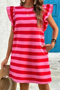 Discount Dear-Lover Flutter Sleeve Round Neck Shift Dress Red Stripe