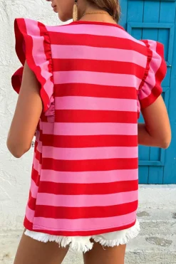 Fashion Dear-Lover Flutter Sleeve Round Neck T Shirt Red Stripe