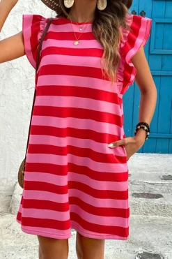 Discount Dear-Lover Flutter Sleeve Round Neck Shift Dress Red Stripe