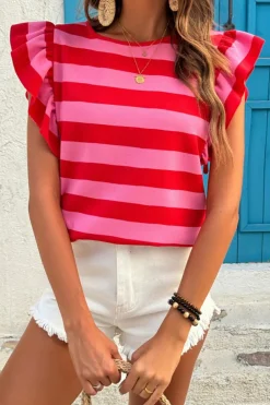 Fashion Dear-Lover Flutter Sleeve Round Neck T Shirt Red Stripe