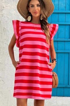 Discount Dear-Lover Flutter Sleeve Round Neck Shift Dress Red Stripe