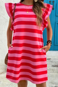 Discount Dear-Lover Flutter Sleeve Round Neck Shift Dress Red Stripe